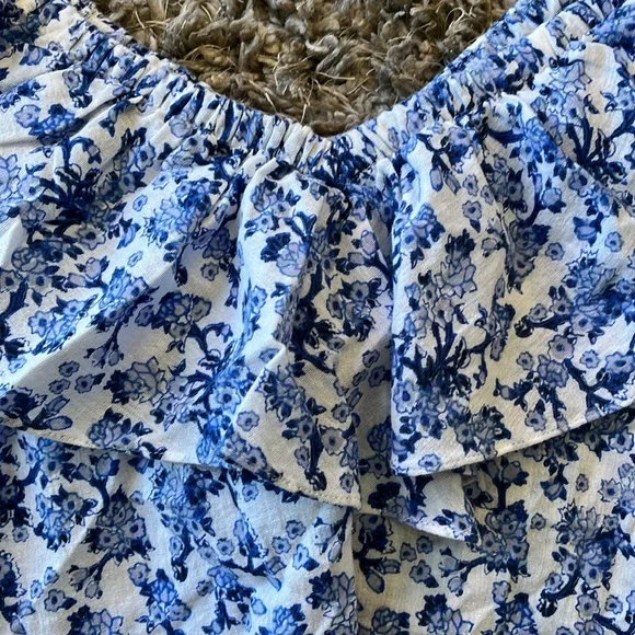 REBECCA TAYLOR Aimee Off Shoulder Blue & White Cotton Floral Top - Picture 10 of 13
